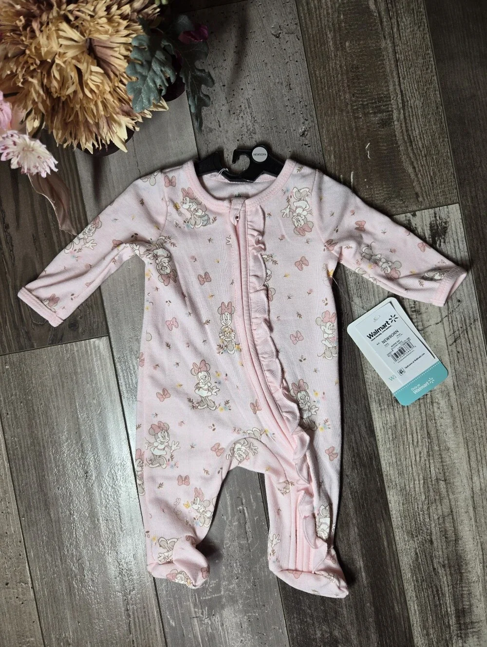NWT Disney Pink Minnie Mouse Ruffle‑Trim Zip One‑Piece Footie – Size Newborn